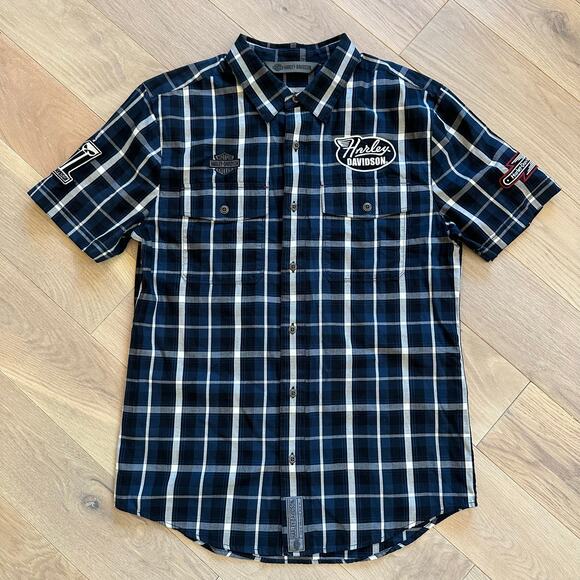 Harley-Davidson Multi-Patch Blue Plaid Button Down Shirt Men’s Slim Medium - Picture 1 of 6